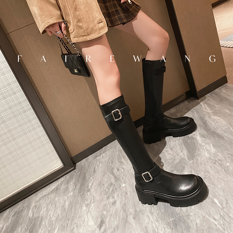 Knight Boots Low Chunky Heel Round Toe High Shaft Embroidered Leopard Print