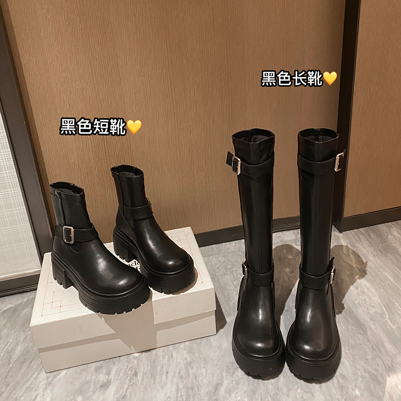 Knight Boots Low Chunky Heel Round Toe High Shaft Embroidered Leopard Print