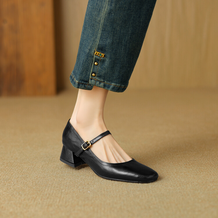 Minimalist Square Toe Mid Chunky Heel Women's Flat Shoes