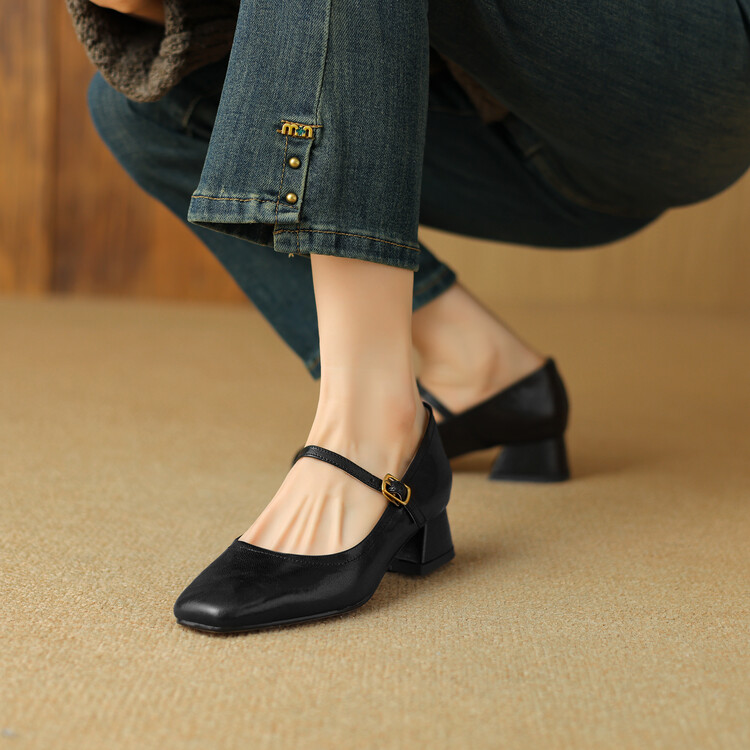 Minimalist Square Toe Mid Chunky Heel Women's Flat Shoes