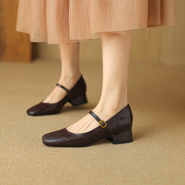 Minimalist Square Toe Mid Chunky Heel Women's Flat Shoes