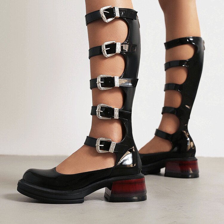 Punk High Top Roman Sandals with Chunky Heel and Metal Decoration