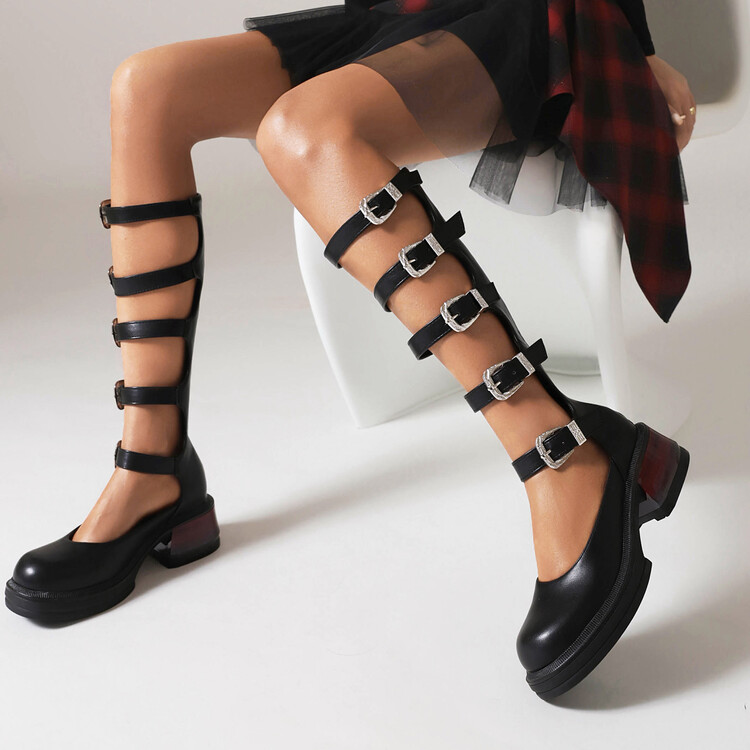 Punk High Top Roman Sandals with Chunky Heel and Metal Decoration