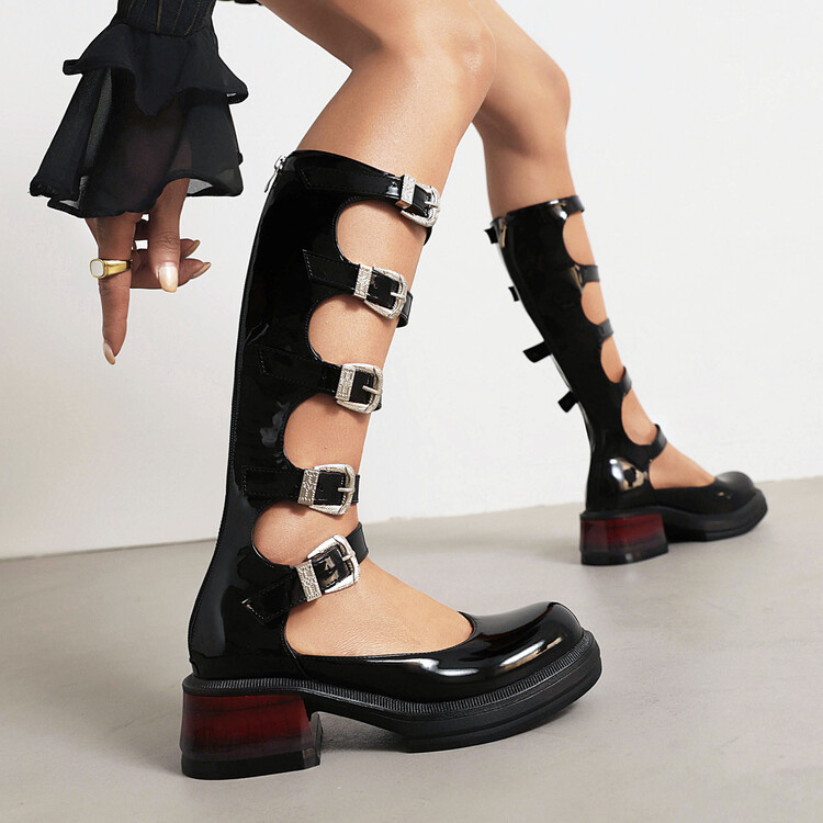 Punk High Top Roman Sandals with Chunky Heel and Metal Decoration