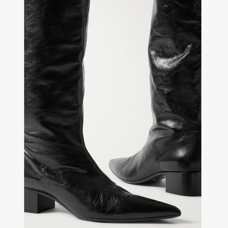 Women's Black Pointed Toe High Shaft Chunky Heel Fashion Boots