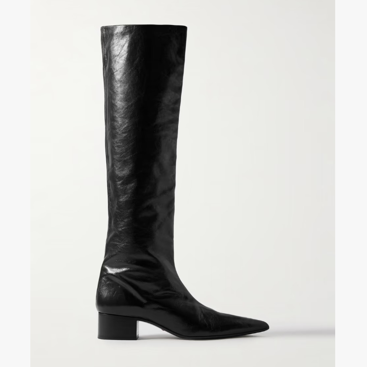 Women's Black Pointed Toe High Shaft Chunky Heel Fashion Boots