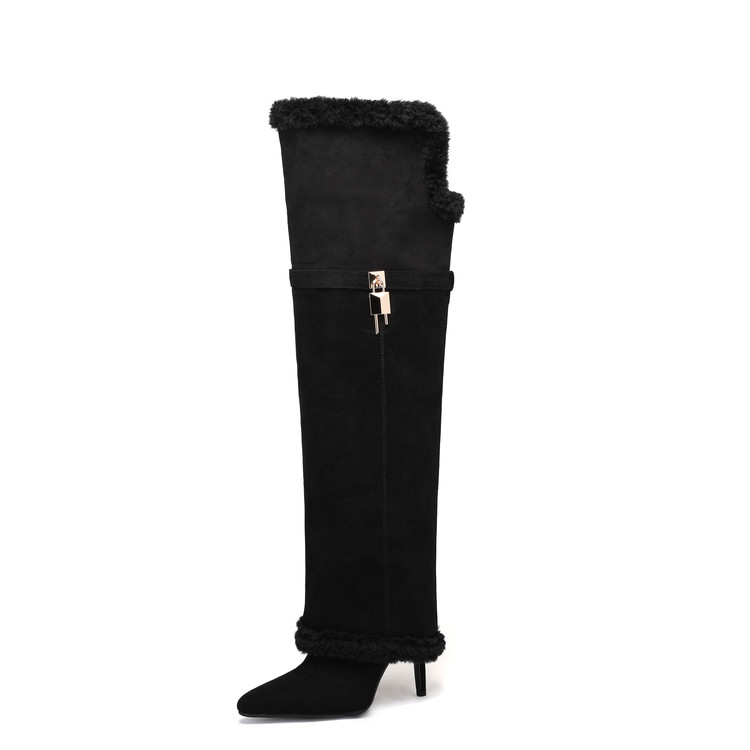 Women's Over-the-Knee High Heel Fashion Boots in Suede with Faux Fur Lining