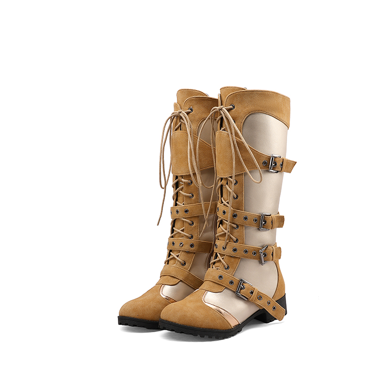 Women's PU Knight Boots Round Toe Chunky Mid Heel High Shaft