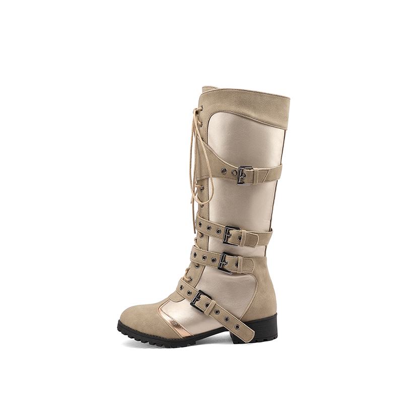 Women's PU Knight Boots Round Toe Chunky Mid Heel High Shaft