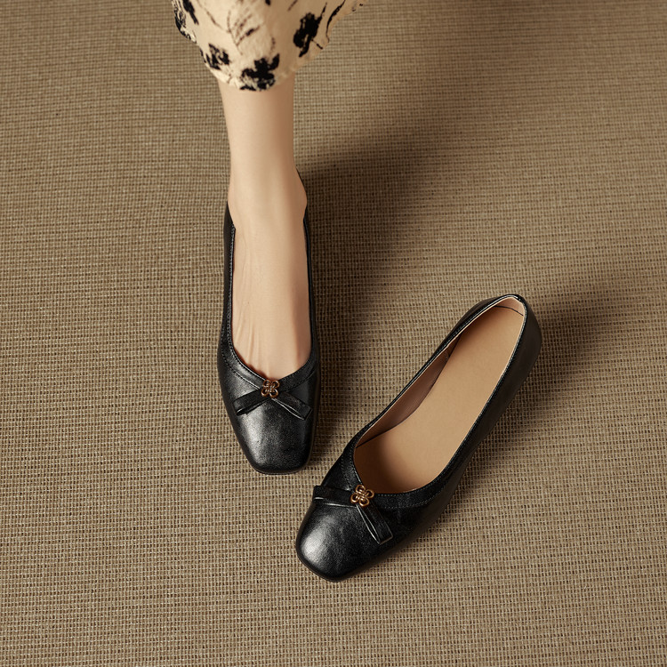 Women's Retro Mary Jane Flat Shoes with Bow Square Toe Slip-On