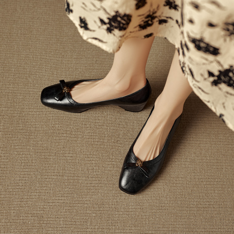 Women's Retro Mary Jane Flat Shoes with Bow Square Toe Slip-On