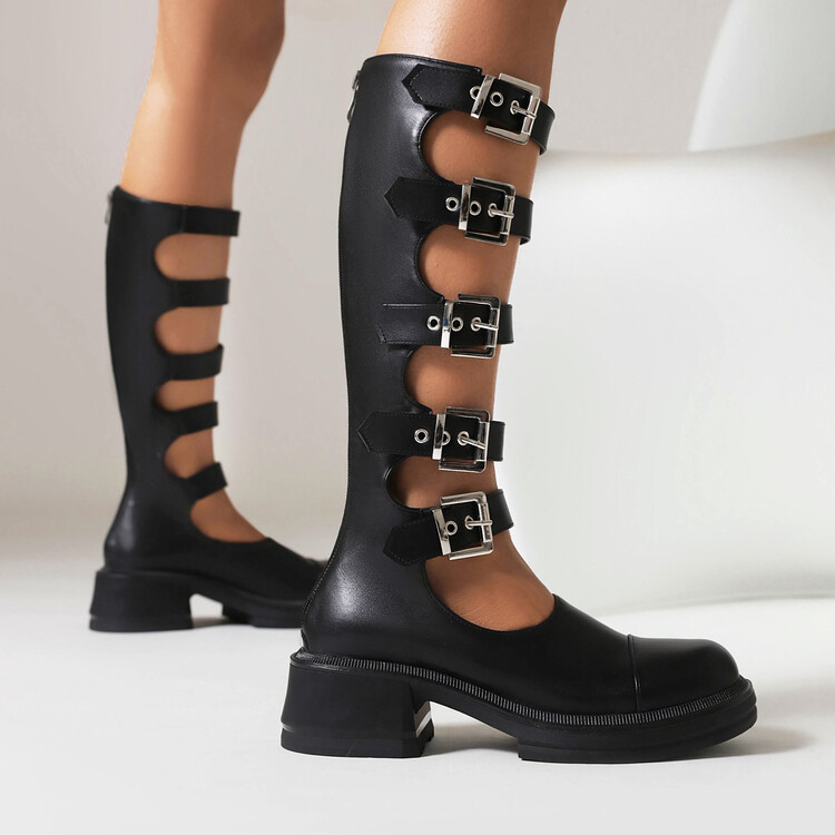 Women's Round Toe Mid Chunky Heel Ankle Strap Sandal Boots