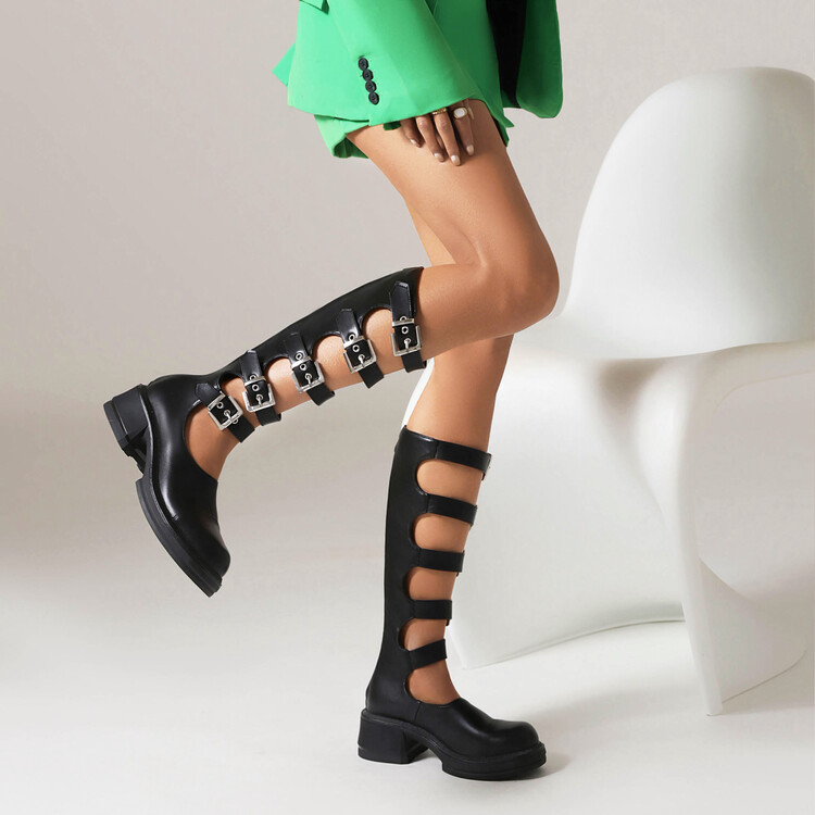 Women's Round Toe Mid Chunky Heel Ankle Strap Sandal Boots