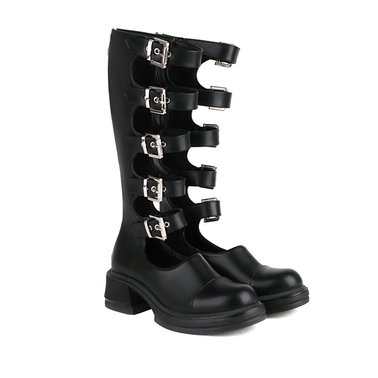 Women's Round Toe Mid Chunky Heel Ankle Strap Sandal Boots